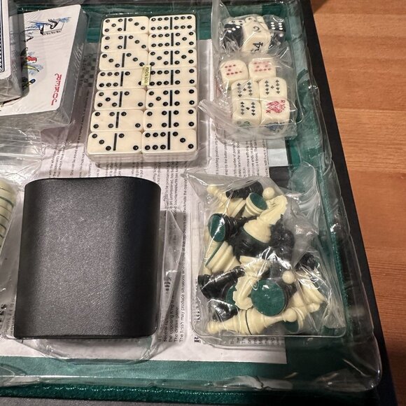 Vtg Multi Game Set Backgammon Chess Checkers Dominoes Poker Dice Cards Complete - Picture 2 of 13